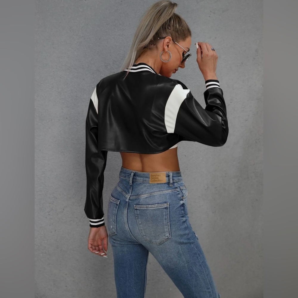 Cropped Faux Leather Bomber Jacket - Picture 3 of 5